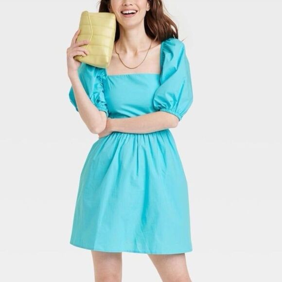 A New Day Square Neck Blue Smocked Open Back Puff Sleeve Dress XXL - Picture 1 of 6